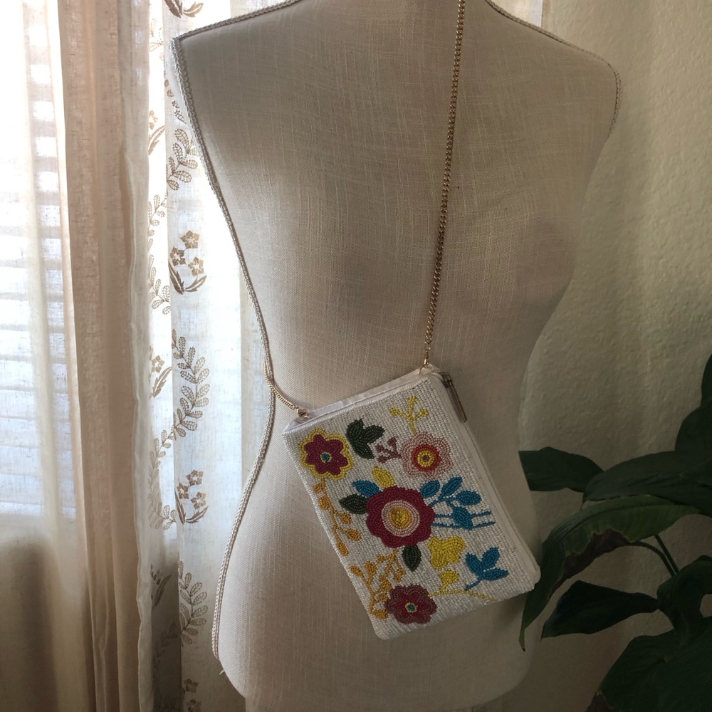 Jane Marie Beaded Floral Crossbody Bag White Gold Chain Strap Small Pouch Boho - Picture 2 of 11